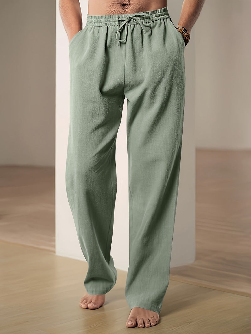 Pantalon casual pour homme en mélange de lin avec cordon de serrage
