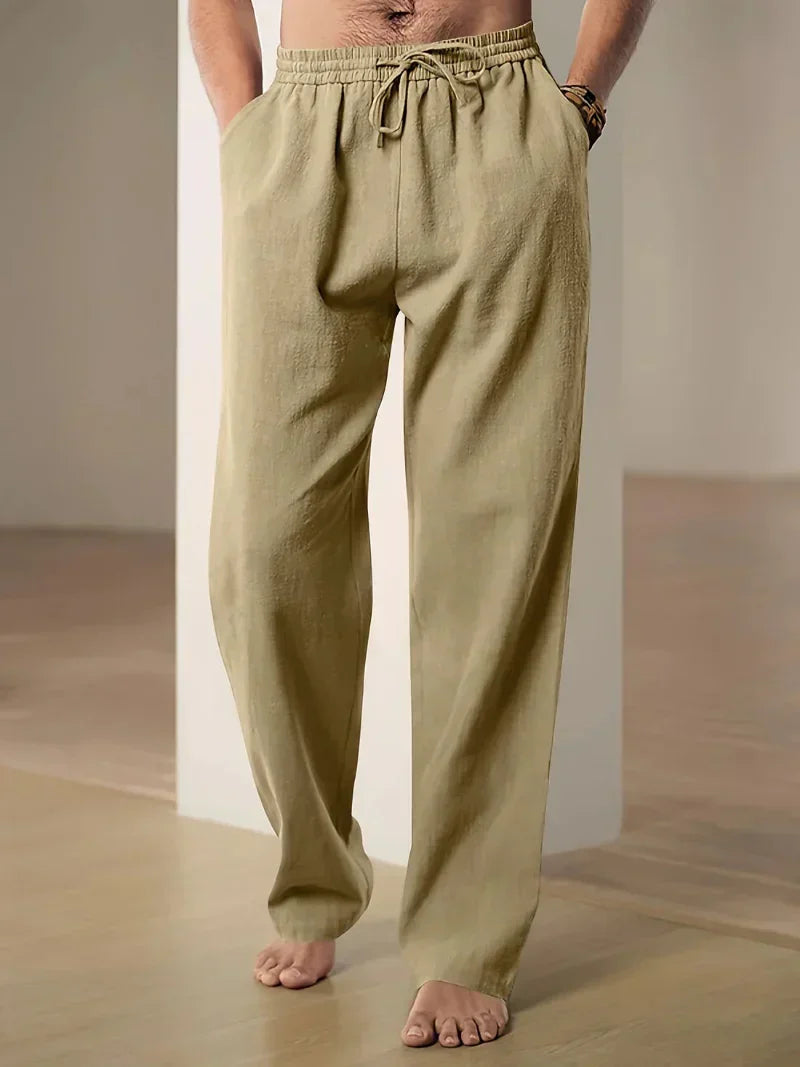 Pantalon casual pour homme en mélange de lin avec cordon de serrage