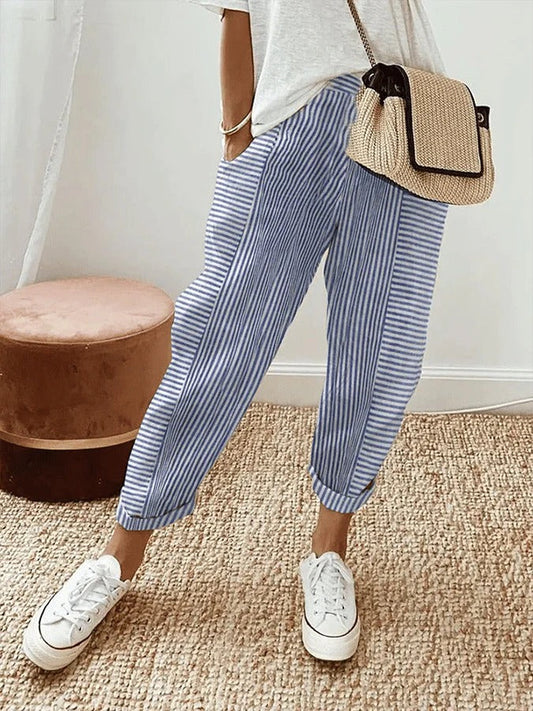 Pantalon court confortable à rayures pour femme