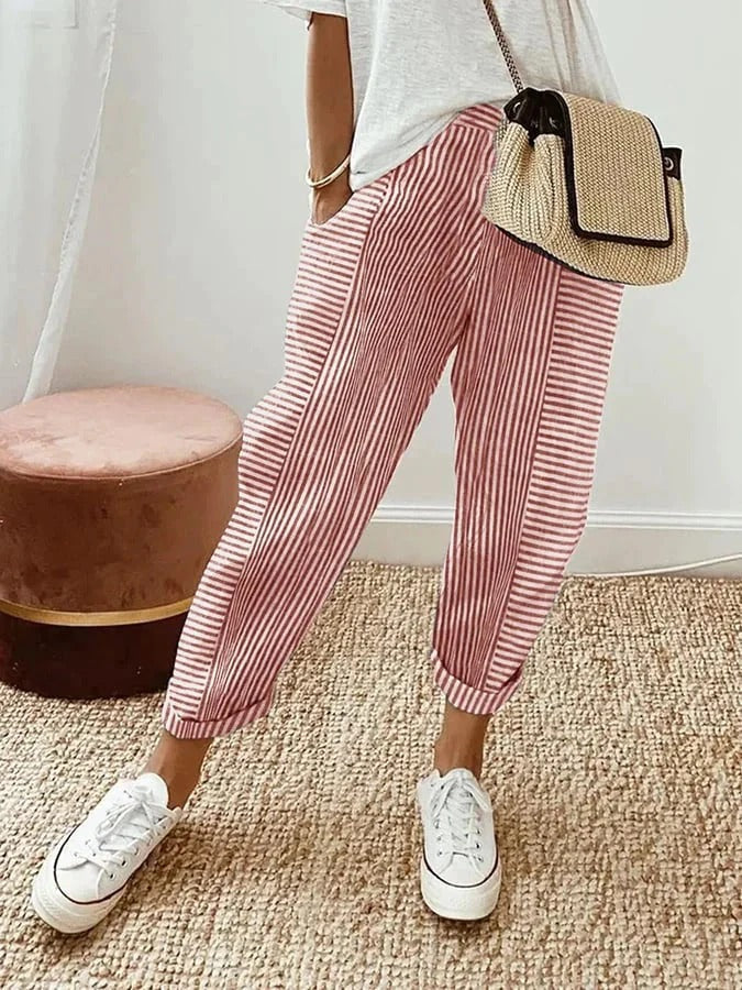 Pantalon court confortable à rayures pour femme