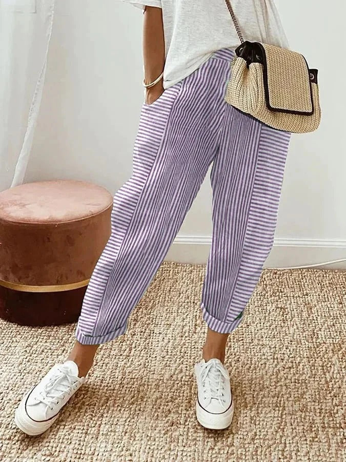 Pantalon court confortable à rayures pour femme