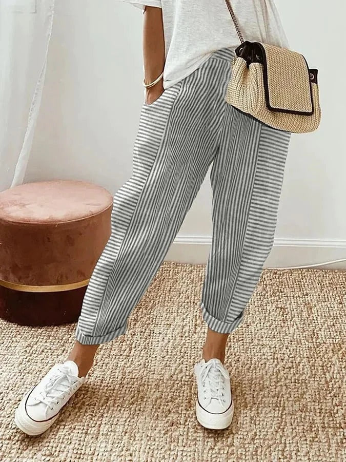 Pantalon court confortable à rayures pour femme