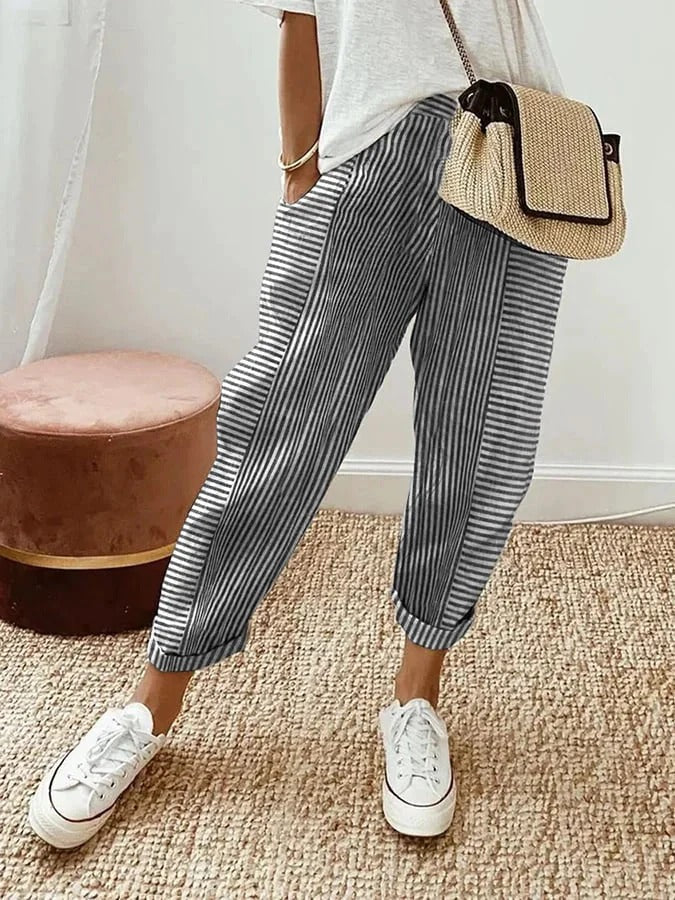 Pantalon court confortable à rayures pour femme