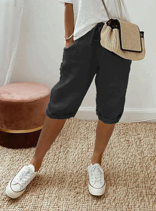 Pantalon court en lin à cordon de serrage pour femme – Coupe ample