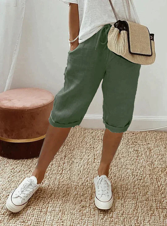 Pantalon court en lin à cordon de serrage pour femme – Coupe ample