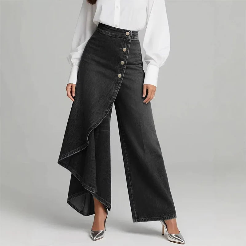 Pantalon en jean large et ample portefeuille asymétrique pour femme à fermeture boutonnée
