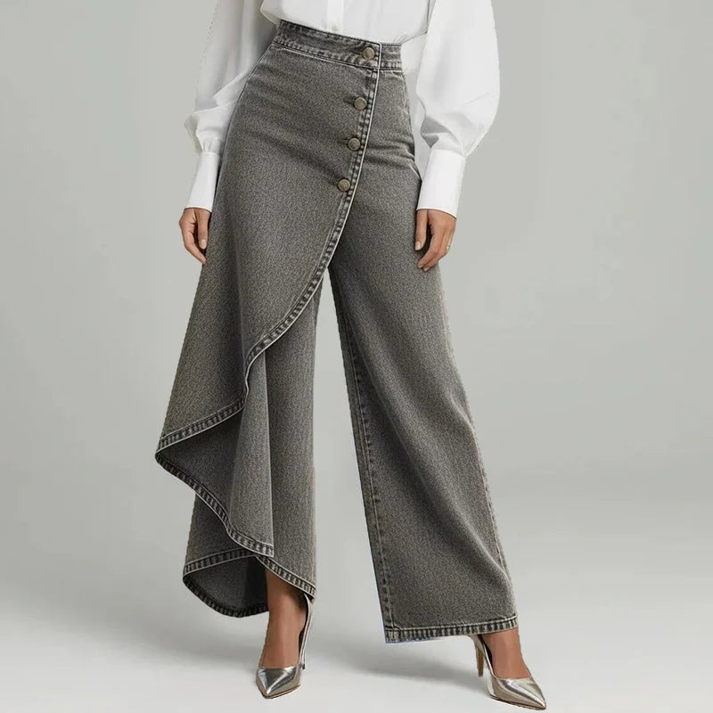 Pantalon en jean large et ample portefeuille asymétrique pour femme à fermeture boutonnée