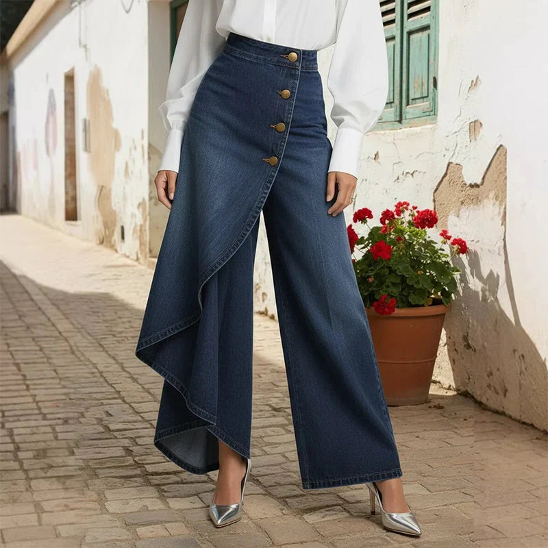 Pantalon en jean large et ample portefeuille asymétrique pour femme à fermeture boutonnée