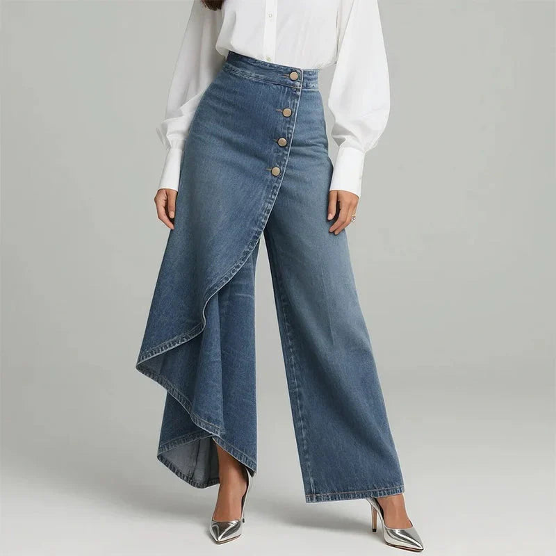 Pantalon en jean large et ample portefeuille asymétrique pour femme à fermeture boutonnée