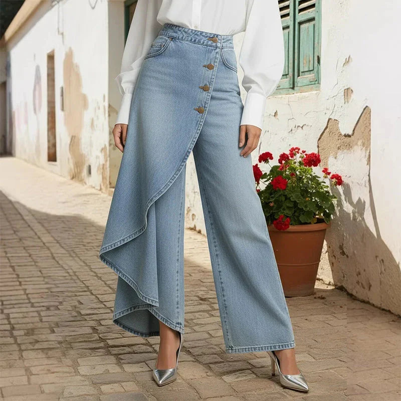 Pantalon en jean large et ample portefeuille asymétrique pour femme à fermeture boutonnée