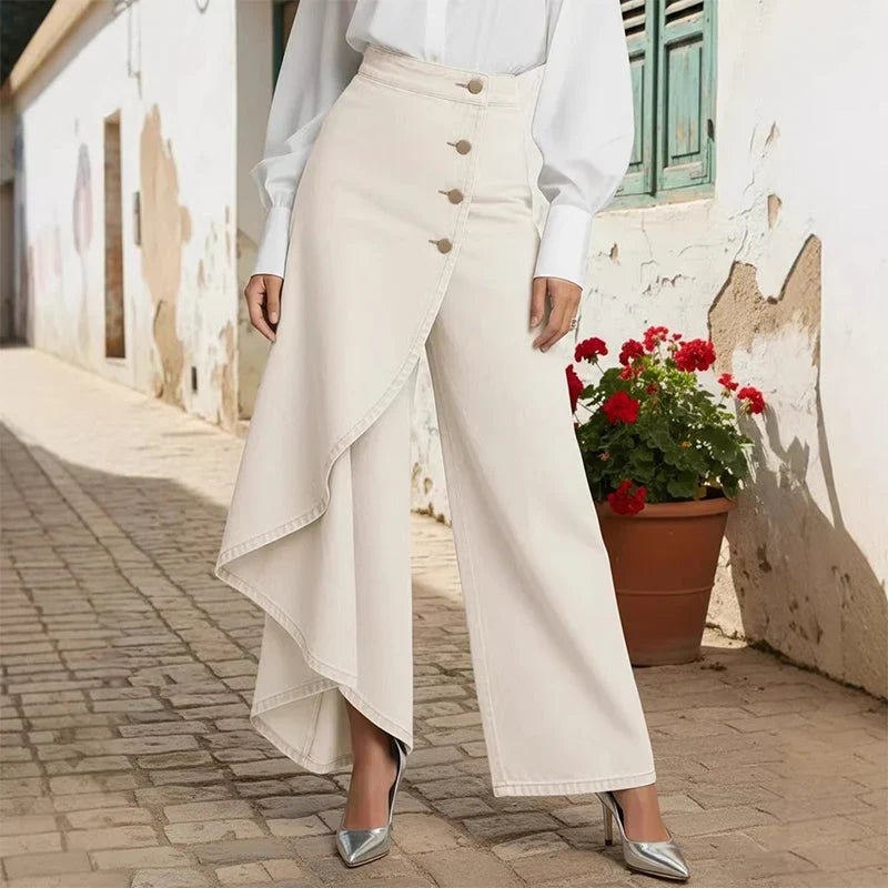 Pantalon en jean large et ample portefeuille asymétrique pour femme à fermeture boutonnée
