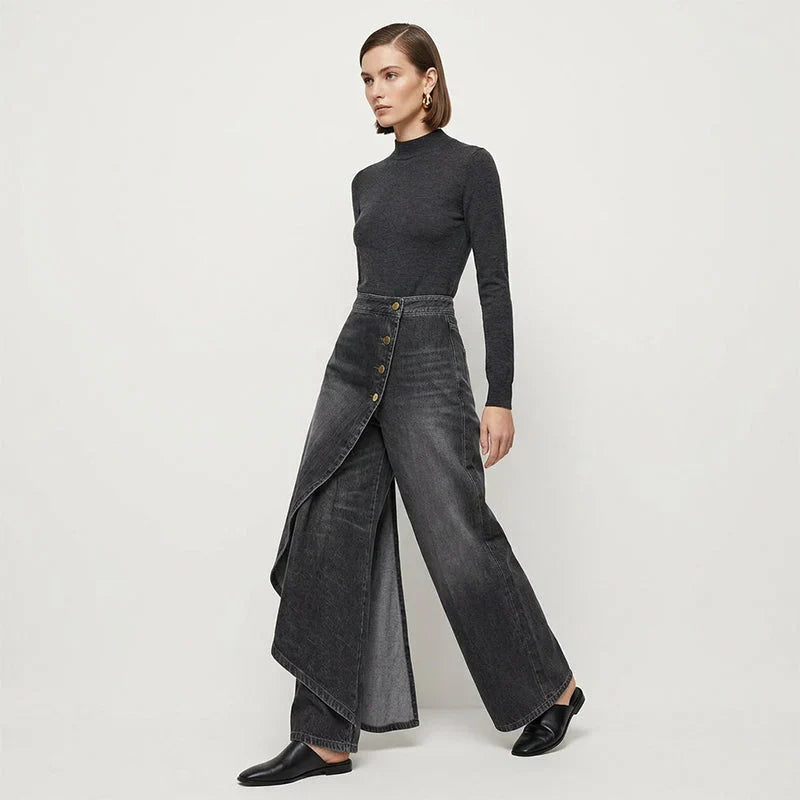 Pantalon en jean large et ample portefeuille asymétrique pour femme à fermeture boutonnée