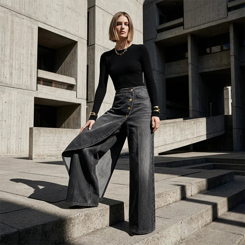 Pantalon en jean large et ample portefeuille asymétrique pour femme à fermeture boutonnée