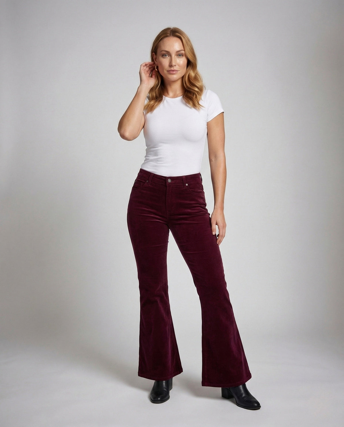 Pantalon évasé en velours côtelé taille haute stretch pour femme