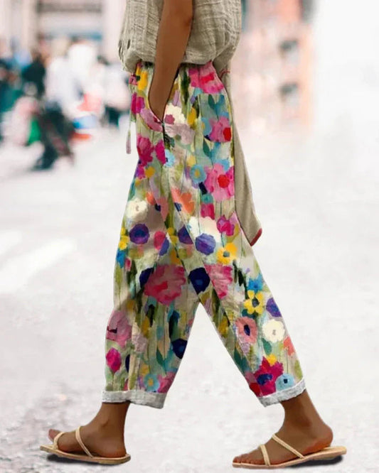 Pantalon léger bohème à fleurs colorées avec poches