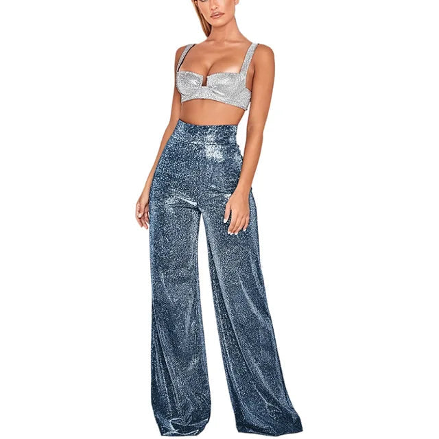 Pantalon scintillant élégant à taille haute avec détails pailletés pour femme