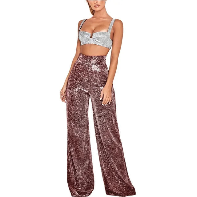 Pantalon scintillant élégant à taille haute avec détails pailletés pour femme