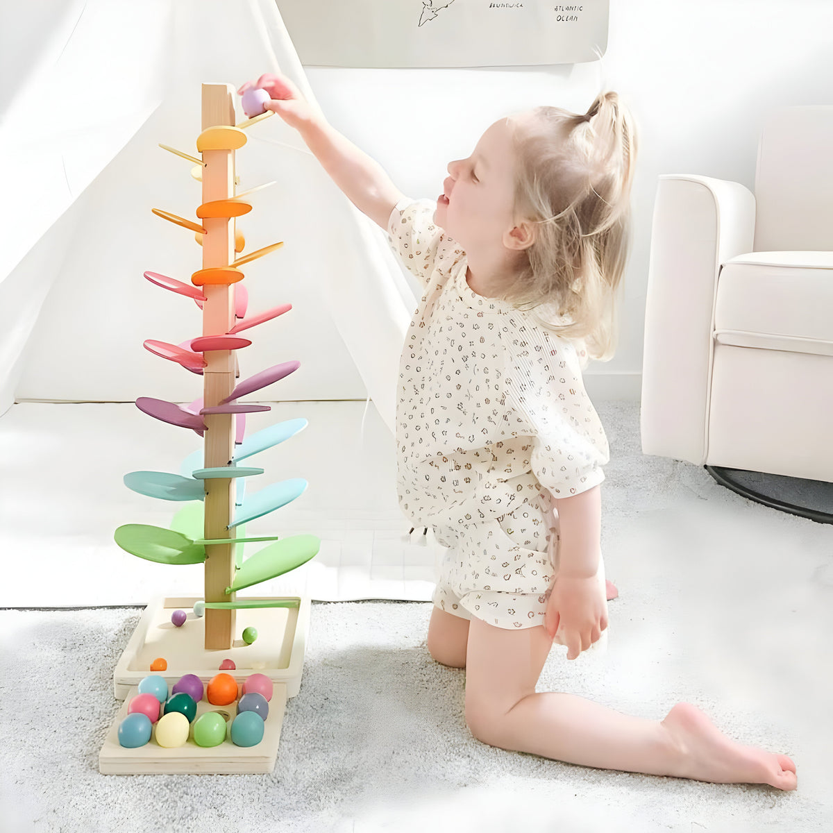 Parcours à billes en bois multicolore - Jeu éducatif