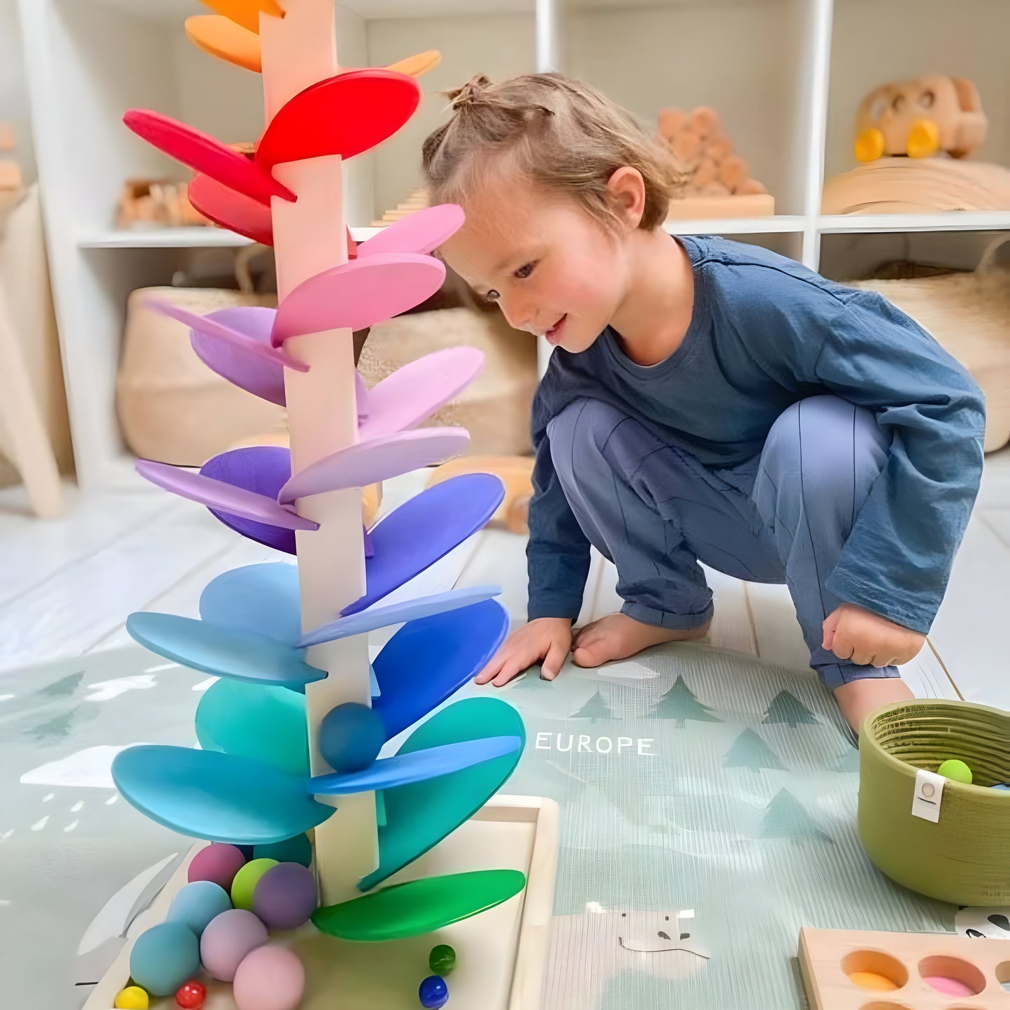 Parcours à billes en bois multicolore - Jeu éducatif