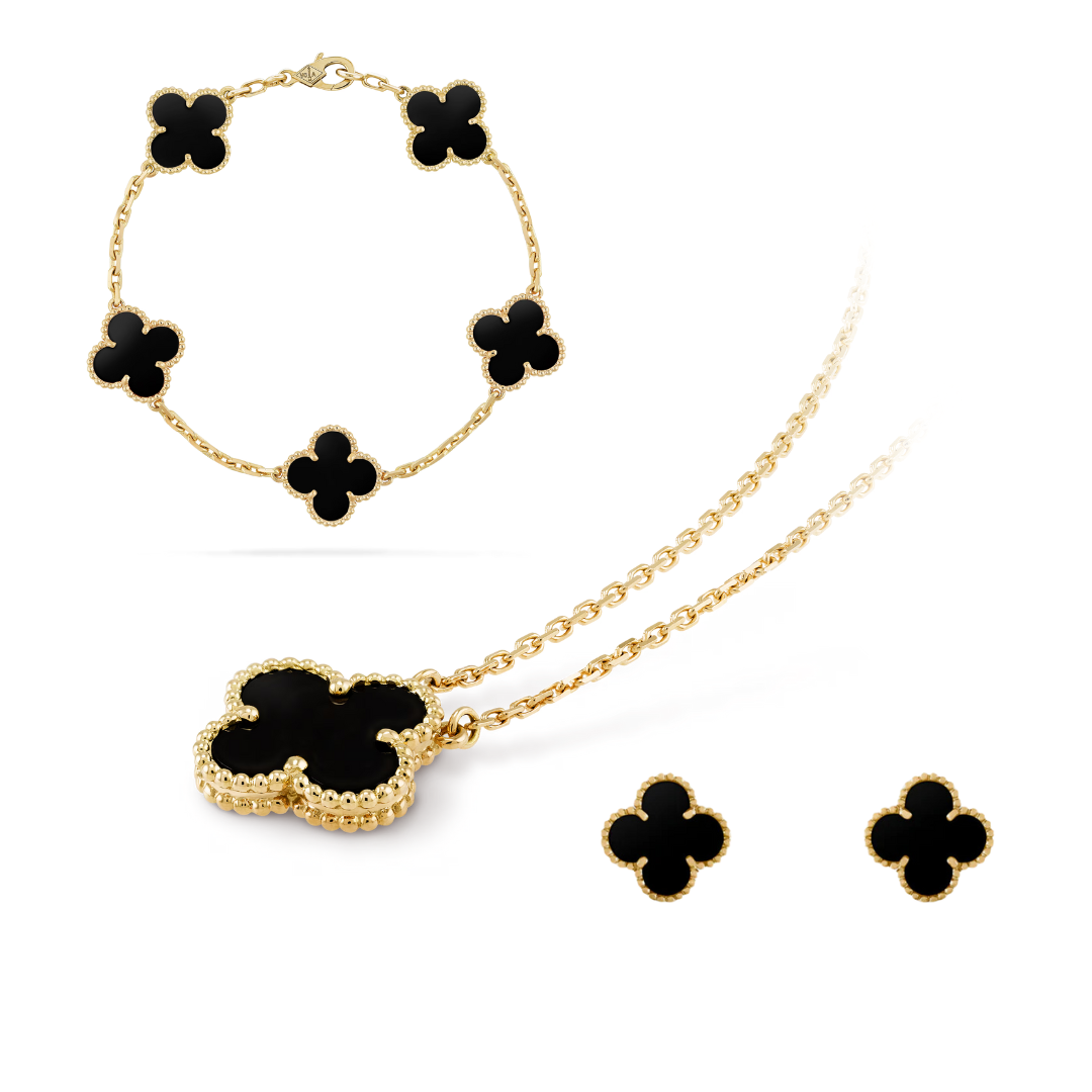 Parure de bijoux trèfle noir en acier inoxydable plaqué or 18k hypoallergénique