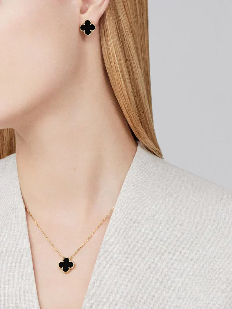 Parure de bijoux trèfle noir en acier inoxydable plaqué or 18k hypoallergénique