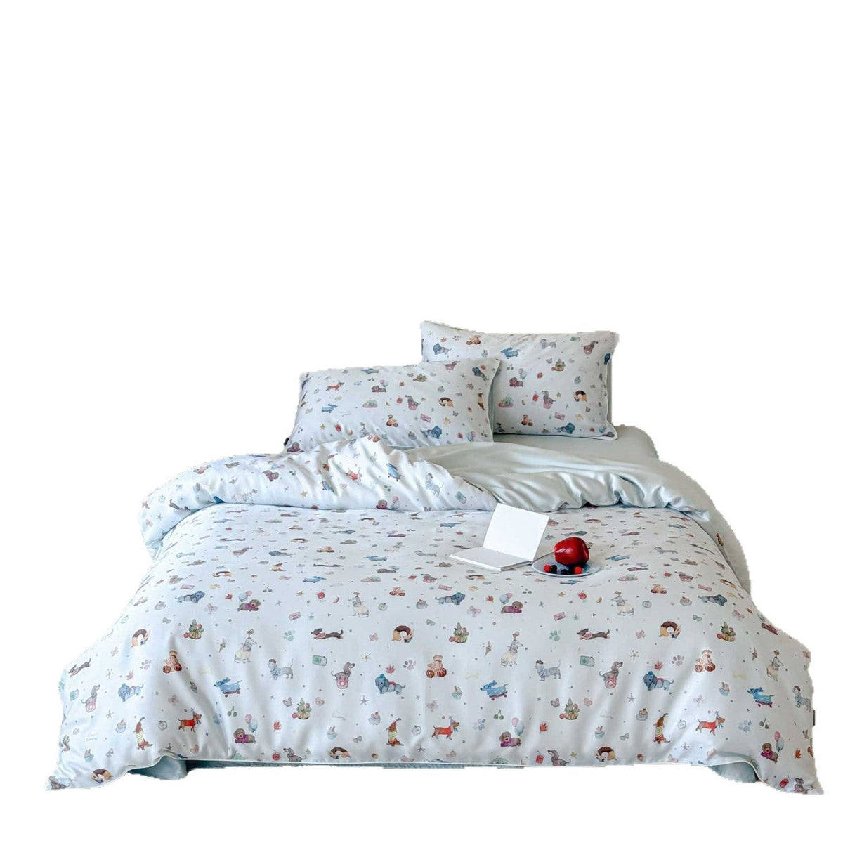 Parure de lit réversible et ludique en satin de coton fin avec illustrations de chiens