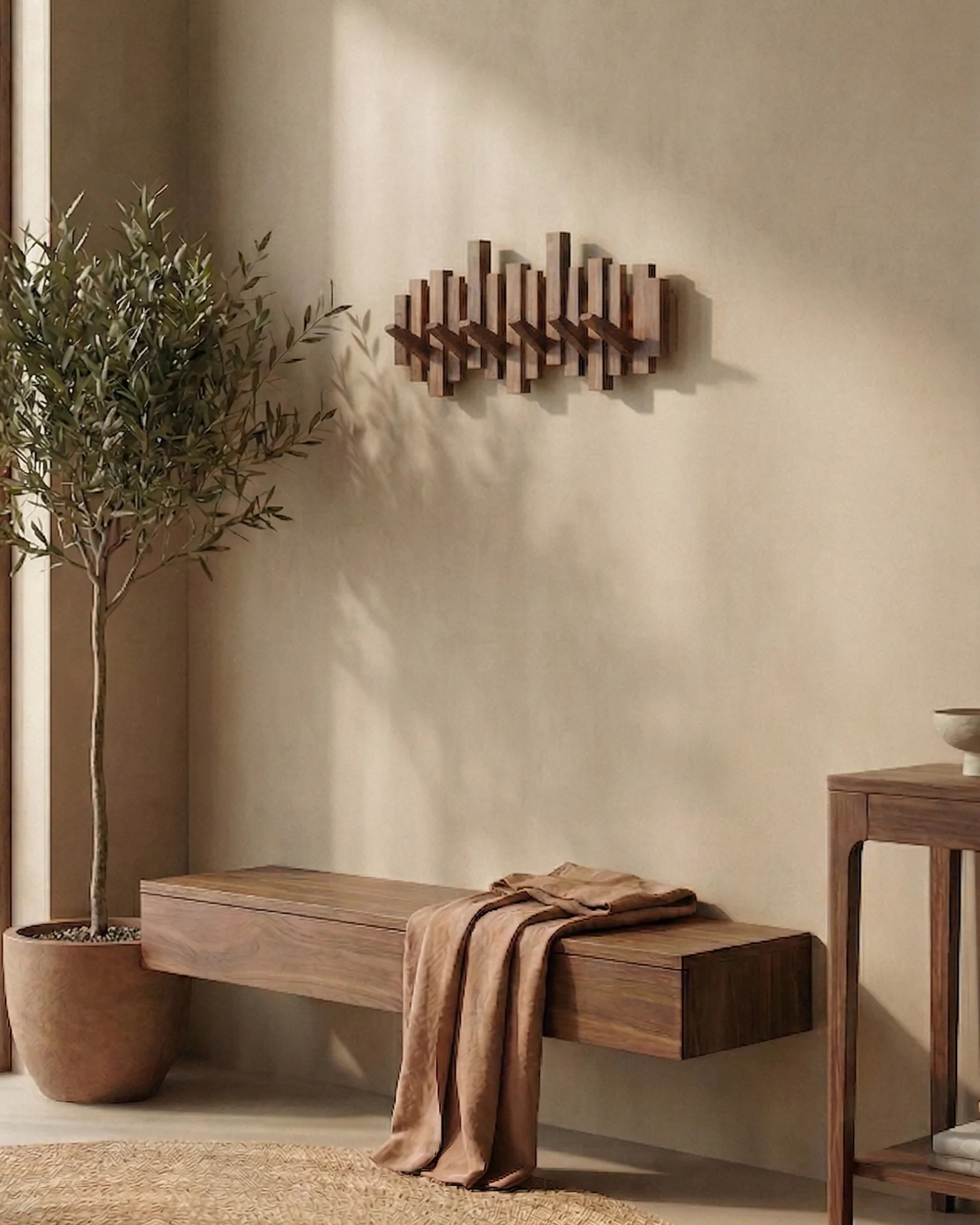 Patère murale style piano - noyer/hêtre - design élégant
