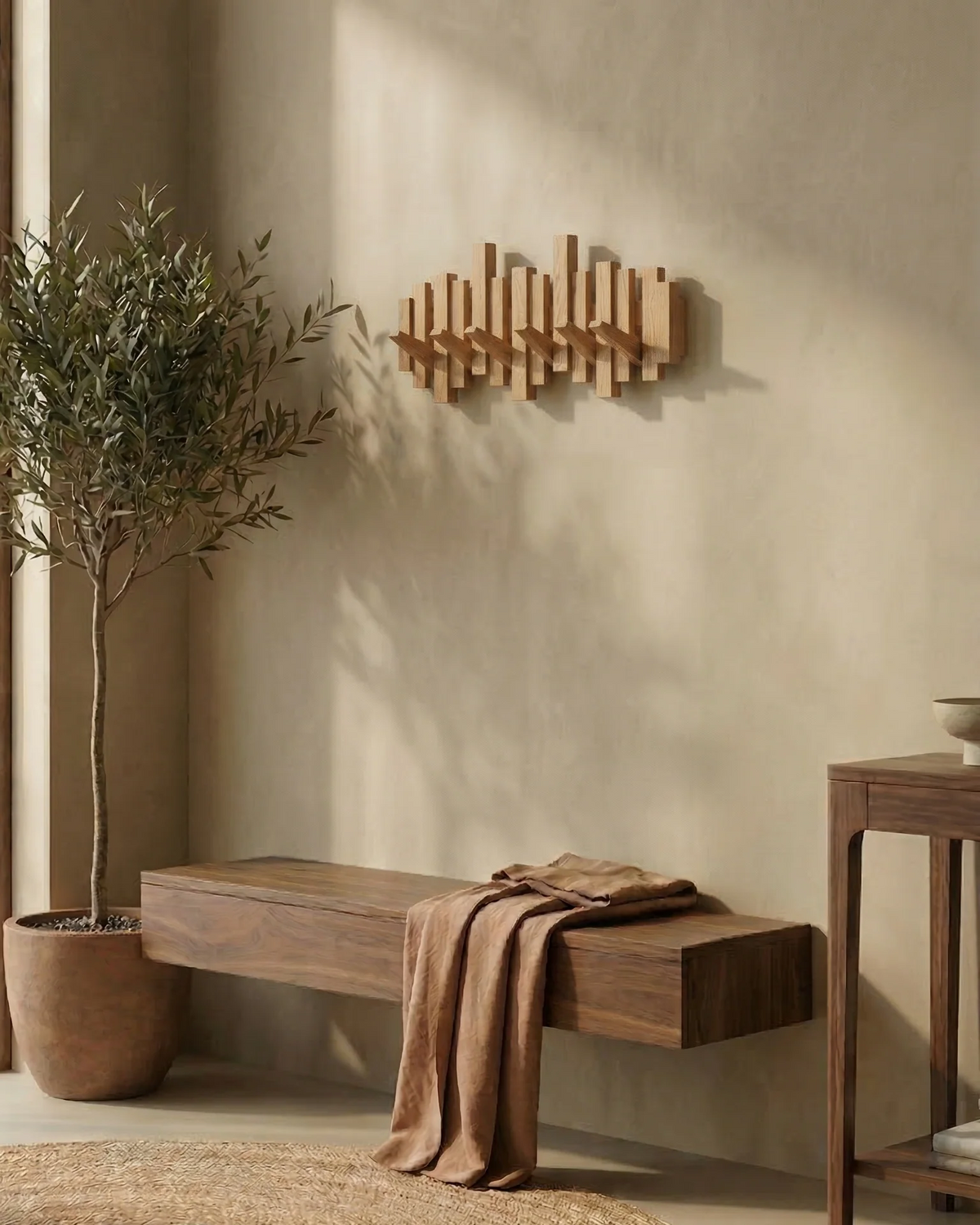 Patère murale style piano - noyer/hêtre - design élégant