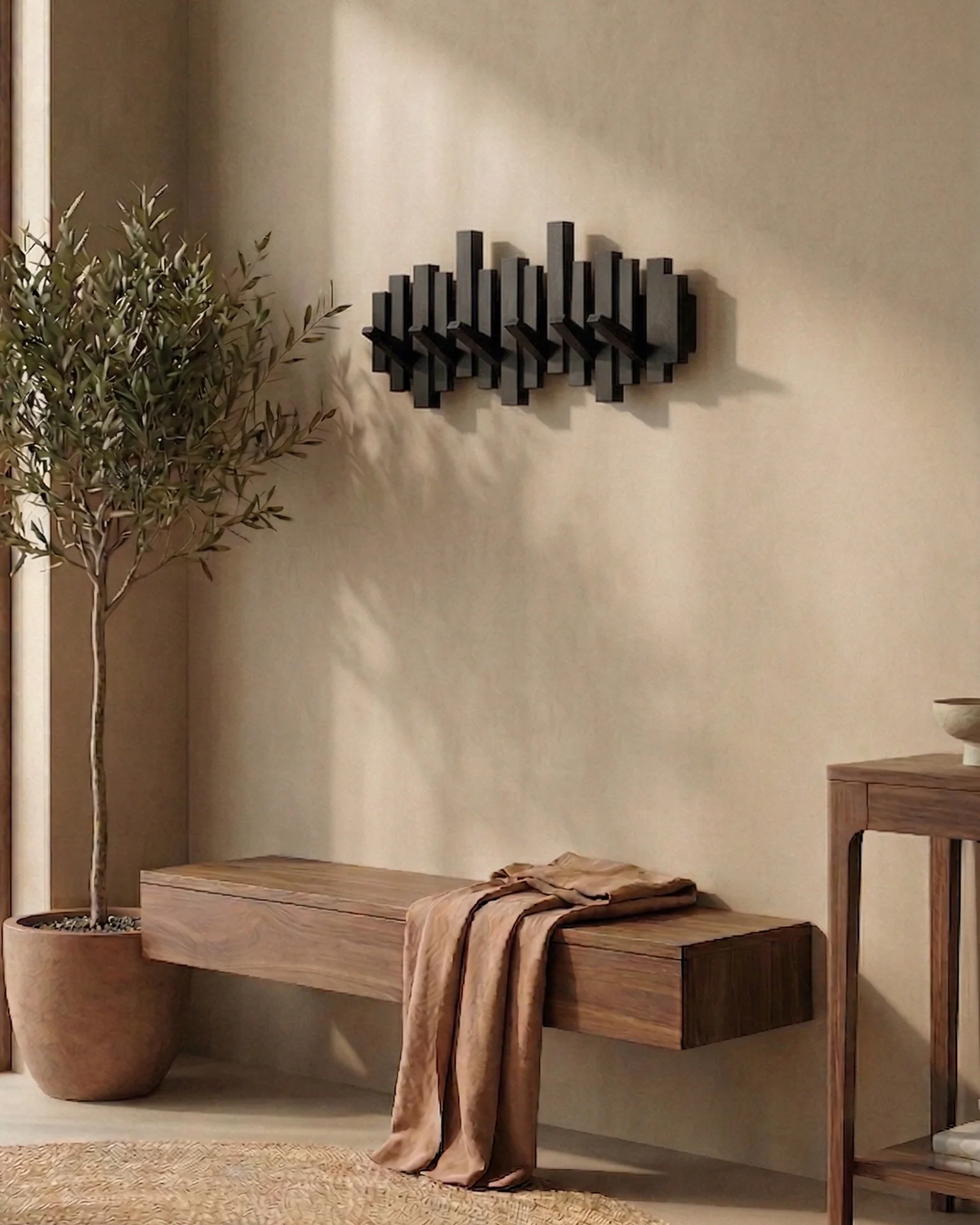 Patère murale style piano - noyer/hêtre - design élégant