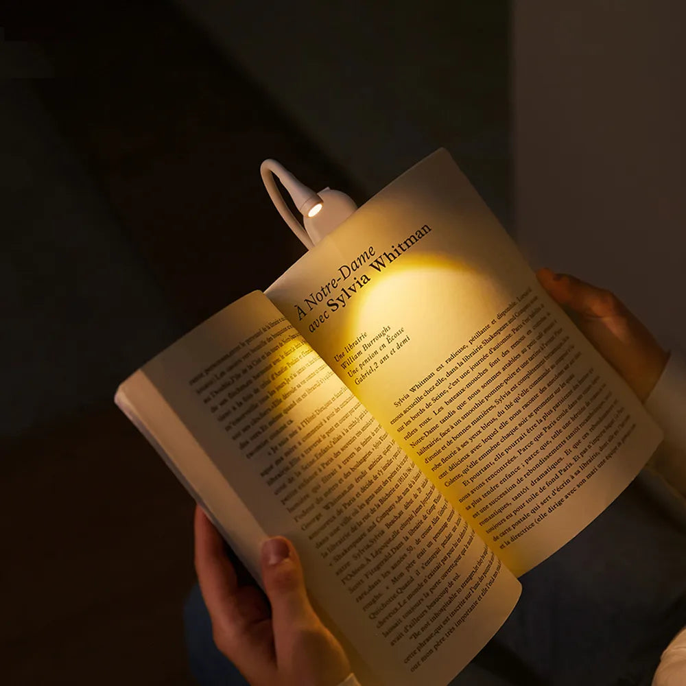 Petite lampe de lecture portable avec clip rotatif 360°, charge USB, LED dimmable, protection des yeux, pour chambre et camping