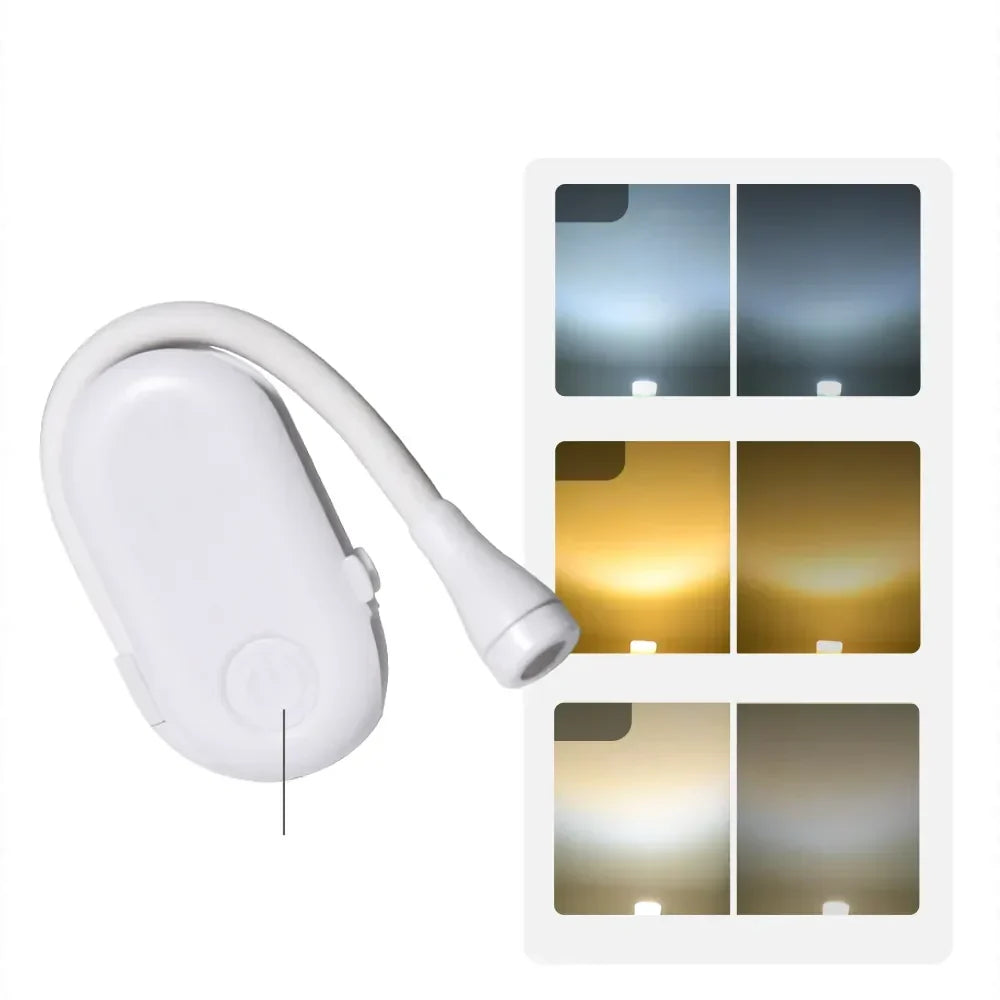 Petite lampe de lecture portable avec clip rotatif 360°, charge USB, LED dimmable, protection des yeux, pour chambre et camping