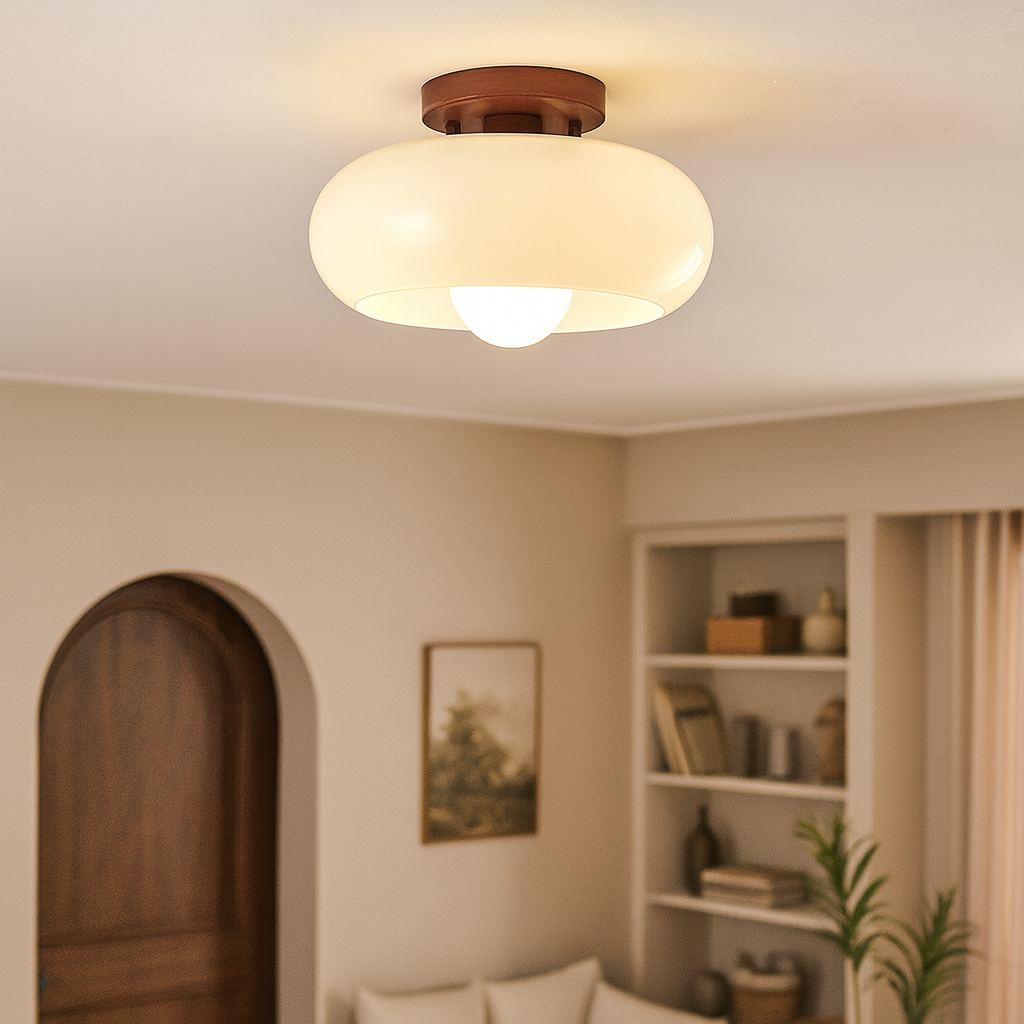 Plafonnier Bauhaus lumière chaude avec détail bois