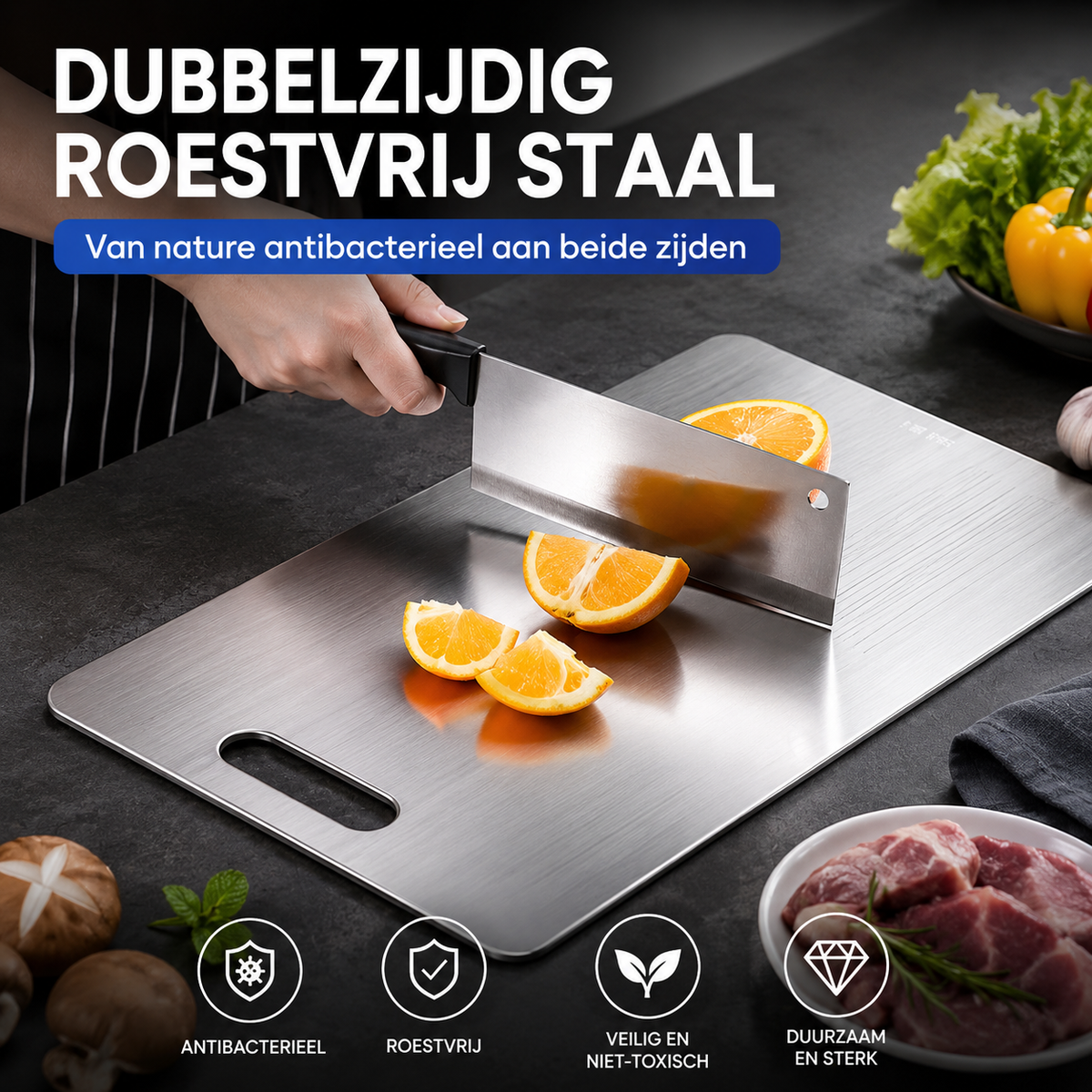 Planche à découper en acier inoxydable — Antibactérienne et antimoisissure, 5 tailles