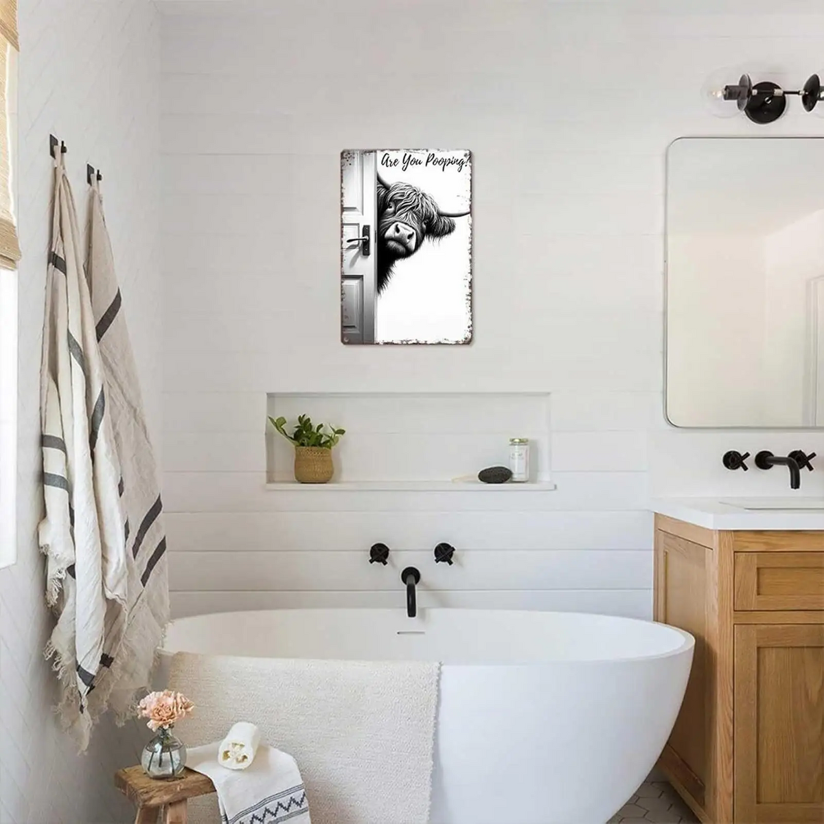 Plaque de salle de bain humoristique vache Highland rustique