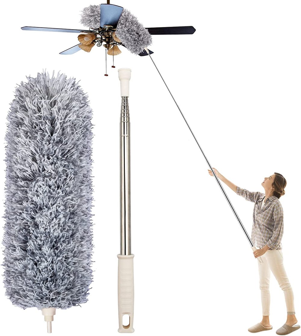 Plumeau dépoussiérant télescopique avec tête amovible en microfibre pour plafonds et ventilateurs
