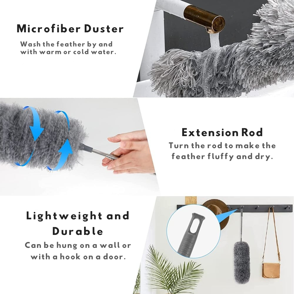 Plumeau dépoussiérant télescopique avec tête amovible en microfibre pour plafonds et ventilateurs