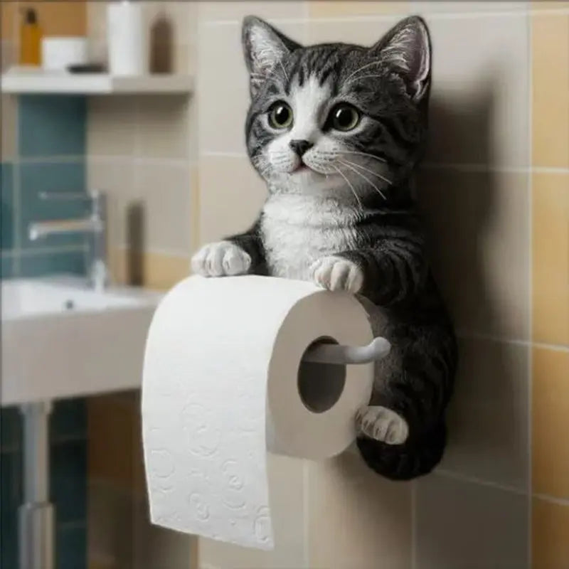 Porte-rouleau de papier toilette mural chat 3D en résine, décoration – orange, gris, blanc, noir