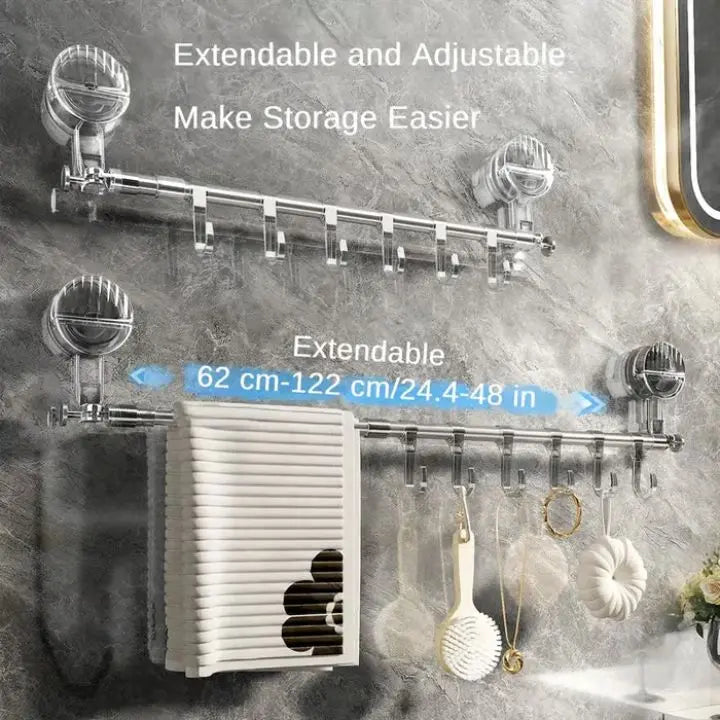 Porte-serviettes télescopique en acier inoxydable à ventouses, 60–120 cm, sans perçage