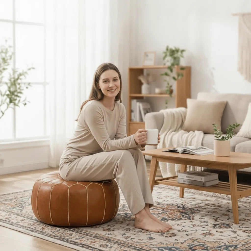 Pouf brodé à la main avec compartiment de rangement caché