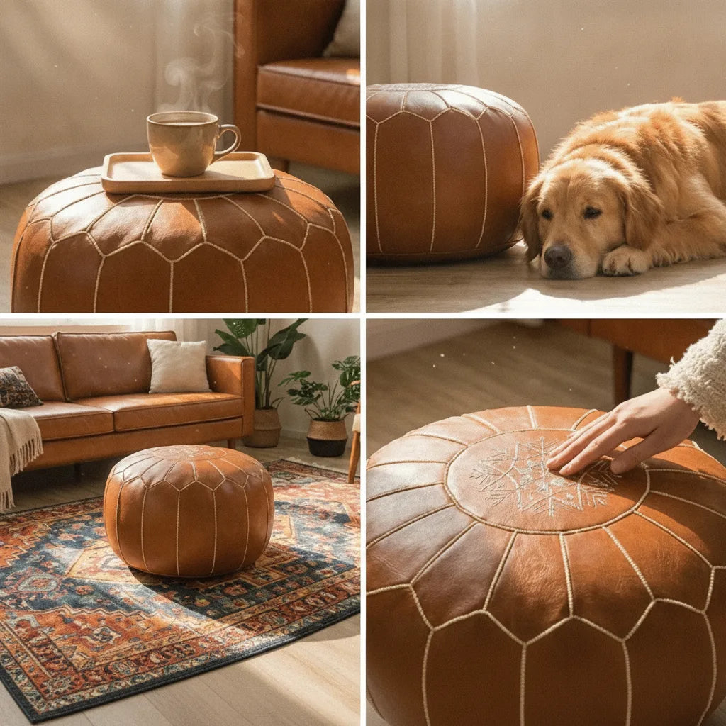 Pouf brodé à la main avec compartiment de rangement caché