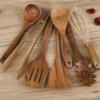 Utensilios de cocina de madera premium | Juego de 7 piezas