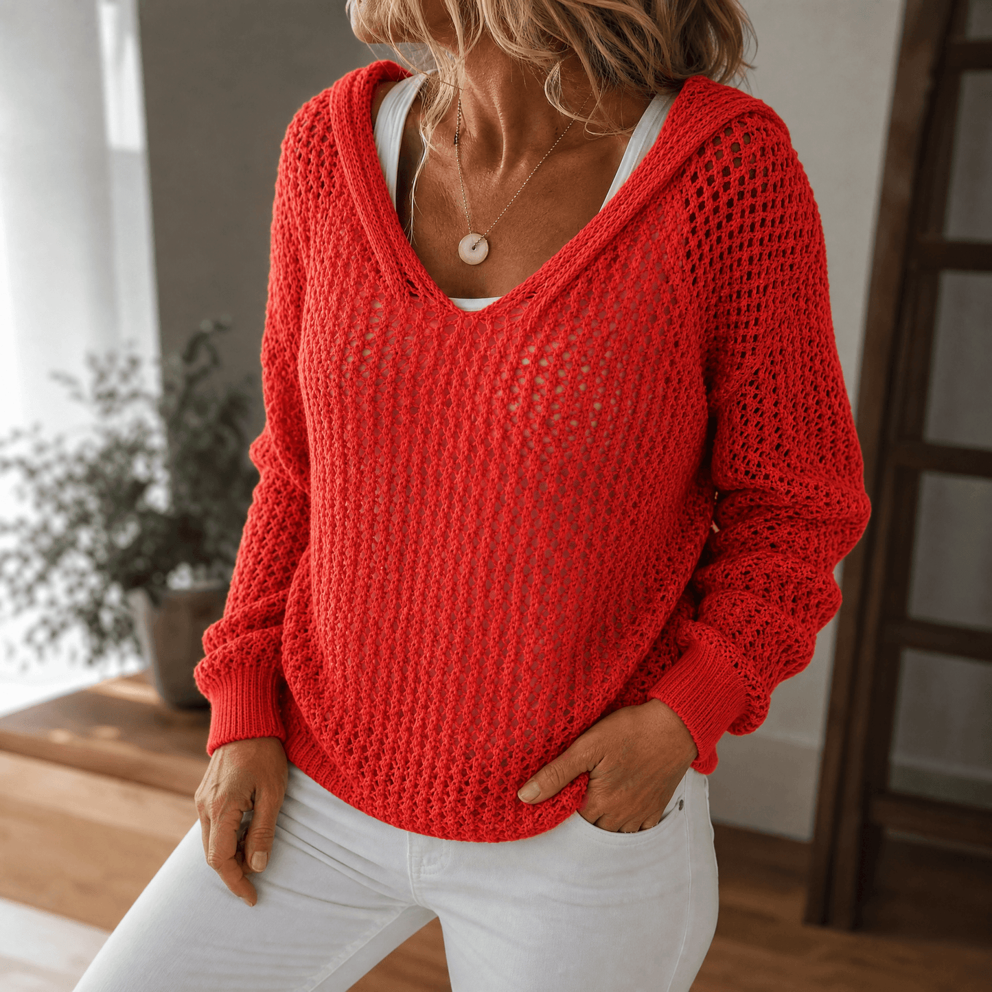 Pull à capuche en maille ajourée pour femme