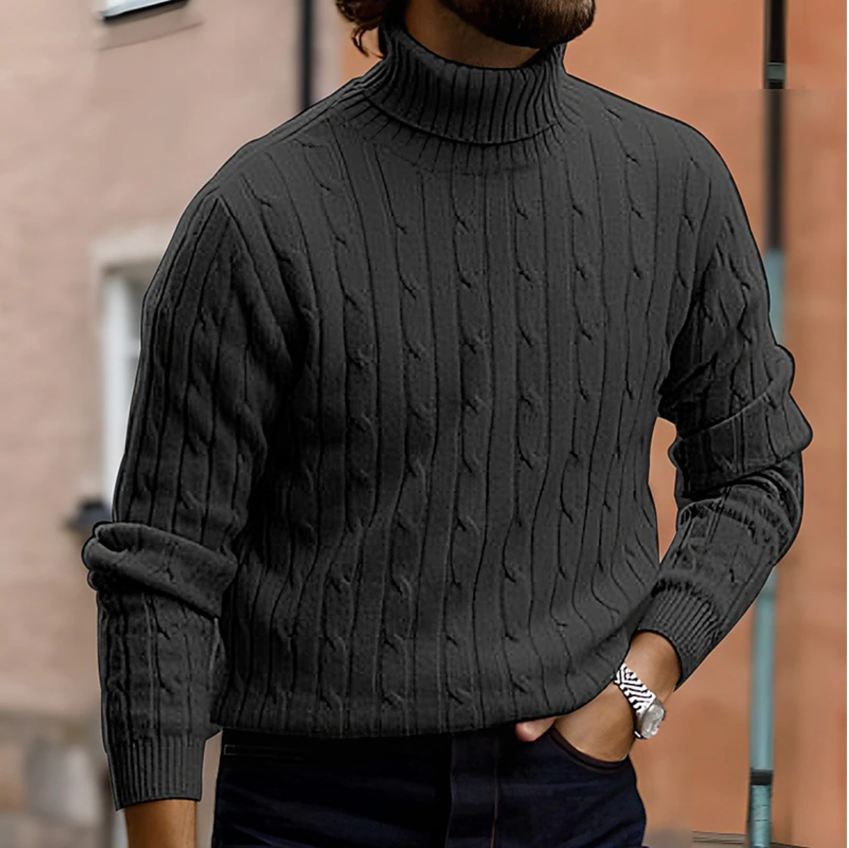 Pull à col roulé en tricot à torsades d'hiver pour homme