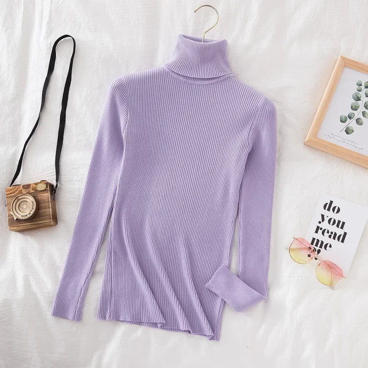 Pull à col roulé tricoté d'hiver pour femme | Haut en maille douce aspect cachemire