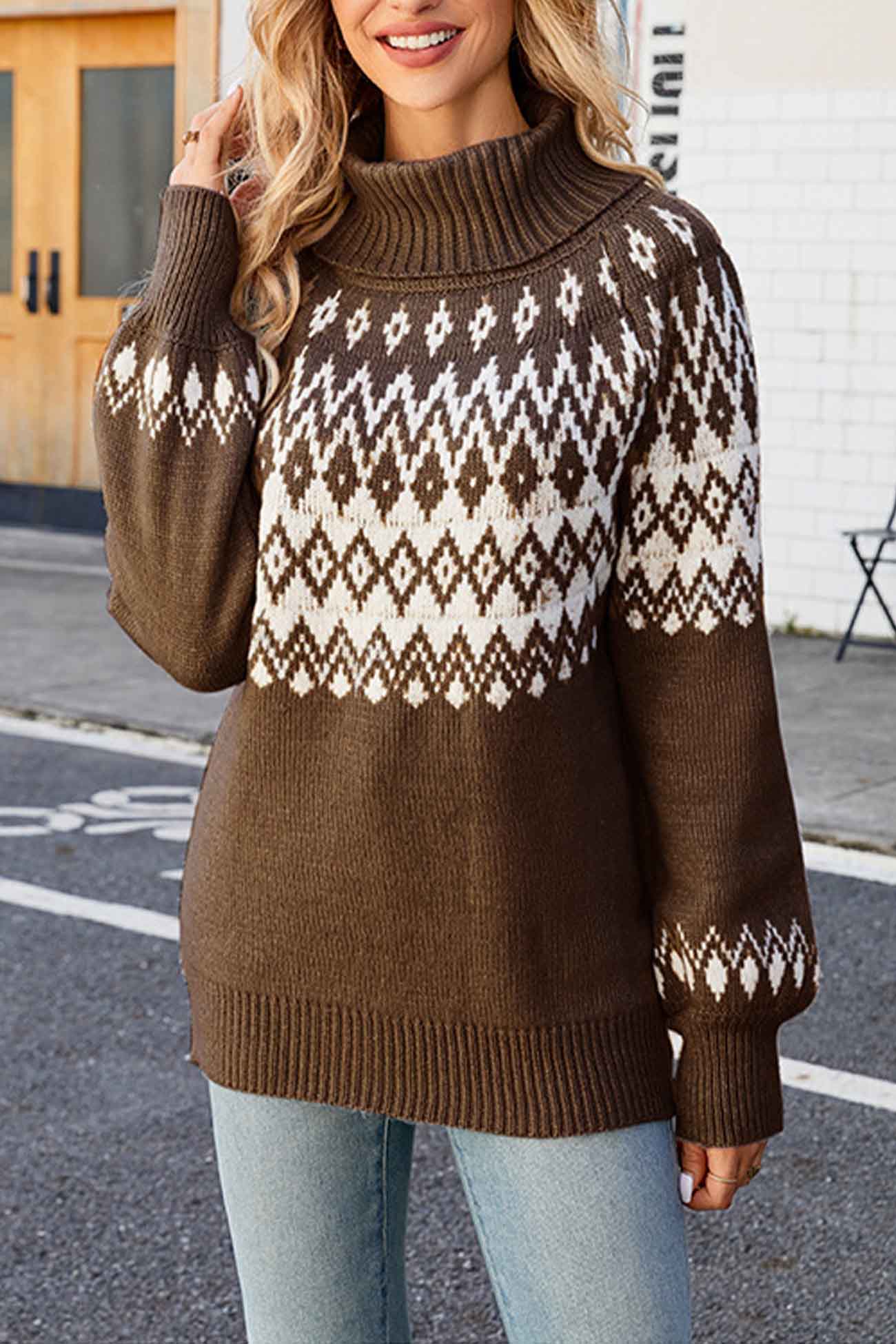 Pull col roulé motif Fair Isle pour femme