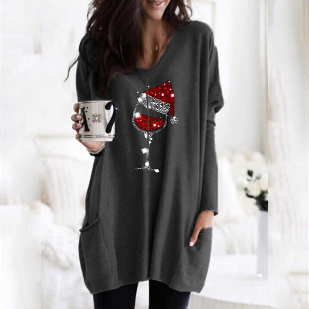 Pull décontracté pour femme avec motif verre de vin et bonnet de Noël