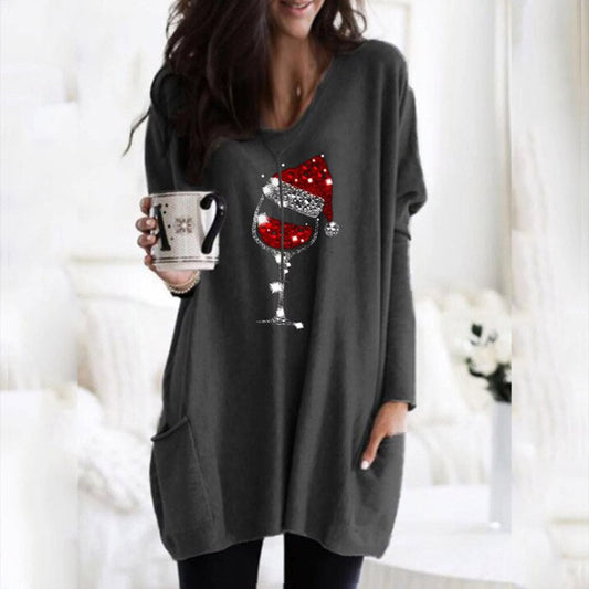 Pull décontracté pour femme avec motif verre de vin et bonnet de Noël