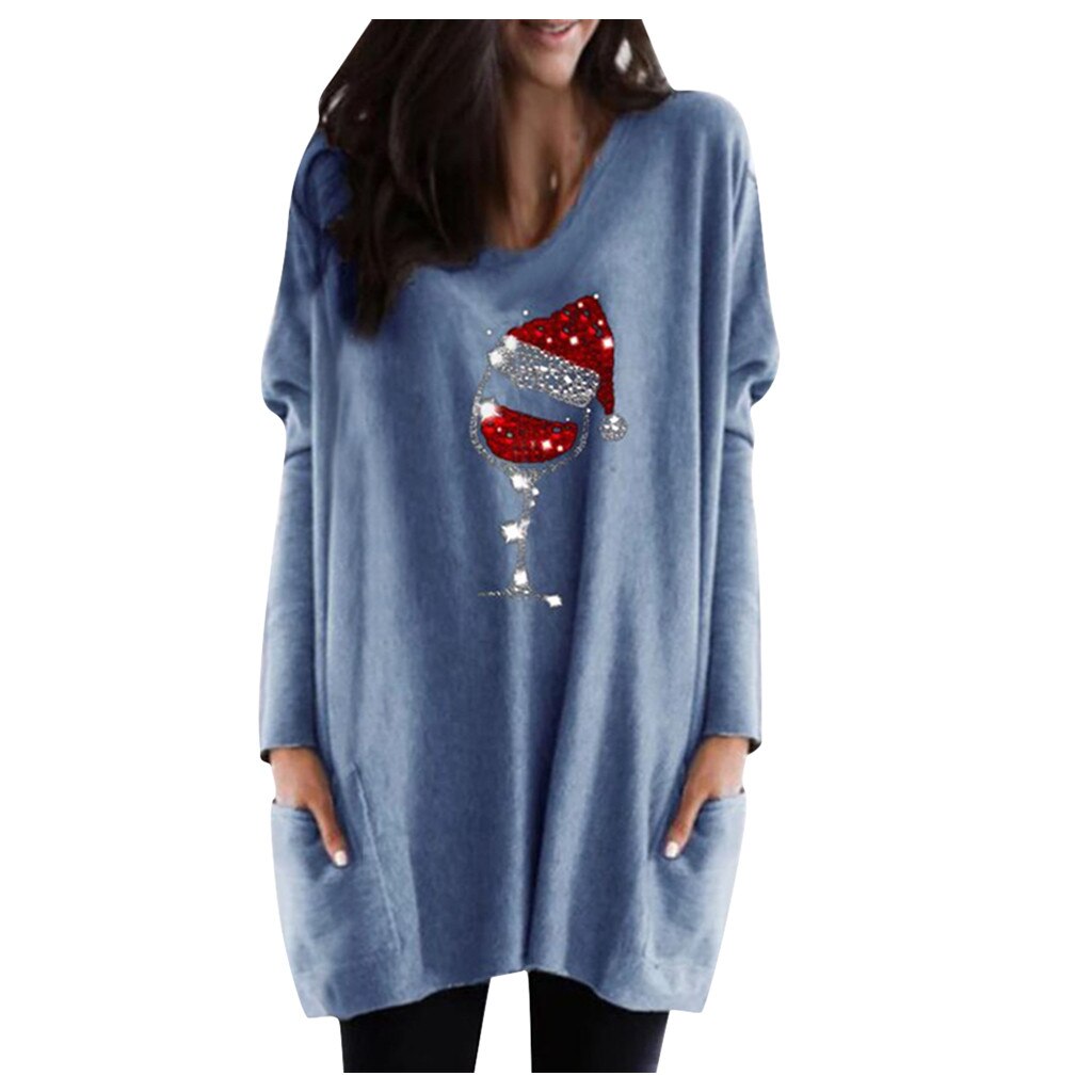 Pull décontracté pour femme avec motif verre de vin et bonnet de Noël