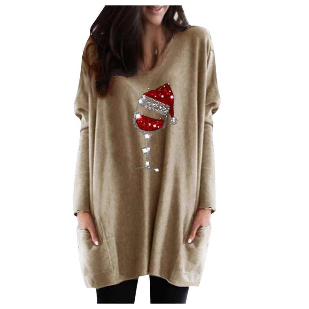 Pull décontracté pour femme avec motif verre de vin et bonnet de Noël