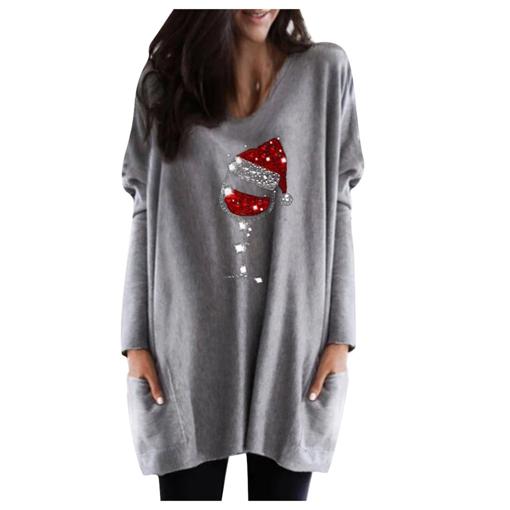 Pull décontracté pour femme avec motif verre de vin et bonnet de Noël